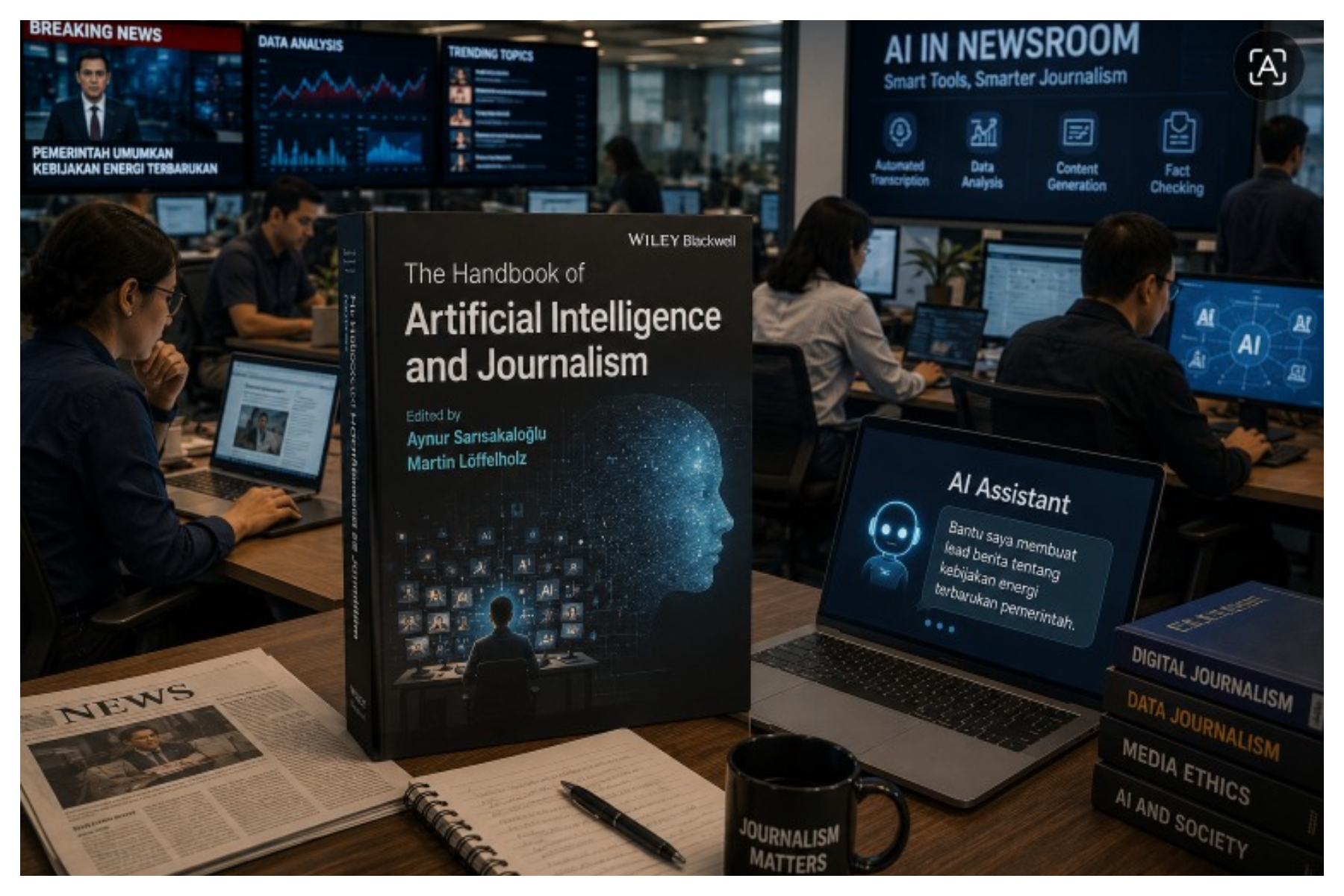 Ilustrasi Artificial Intelligence (AI) memasuki ruang redaksi membandingkan Narasi dan tvOne. Foto: Istimewa